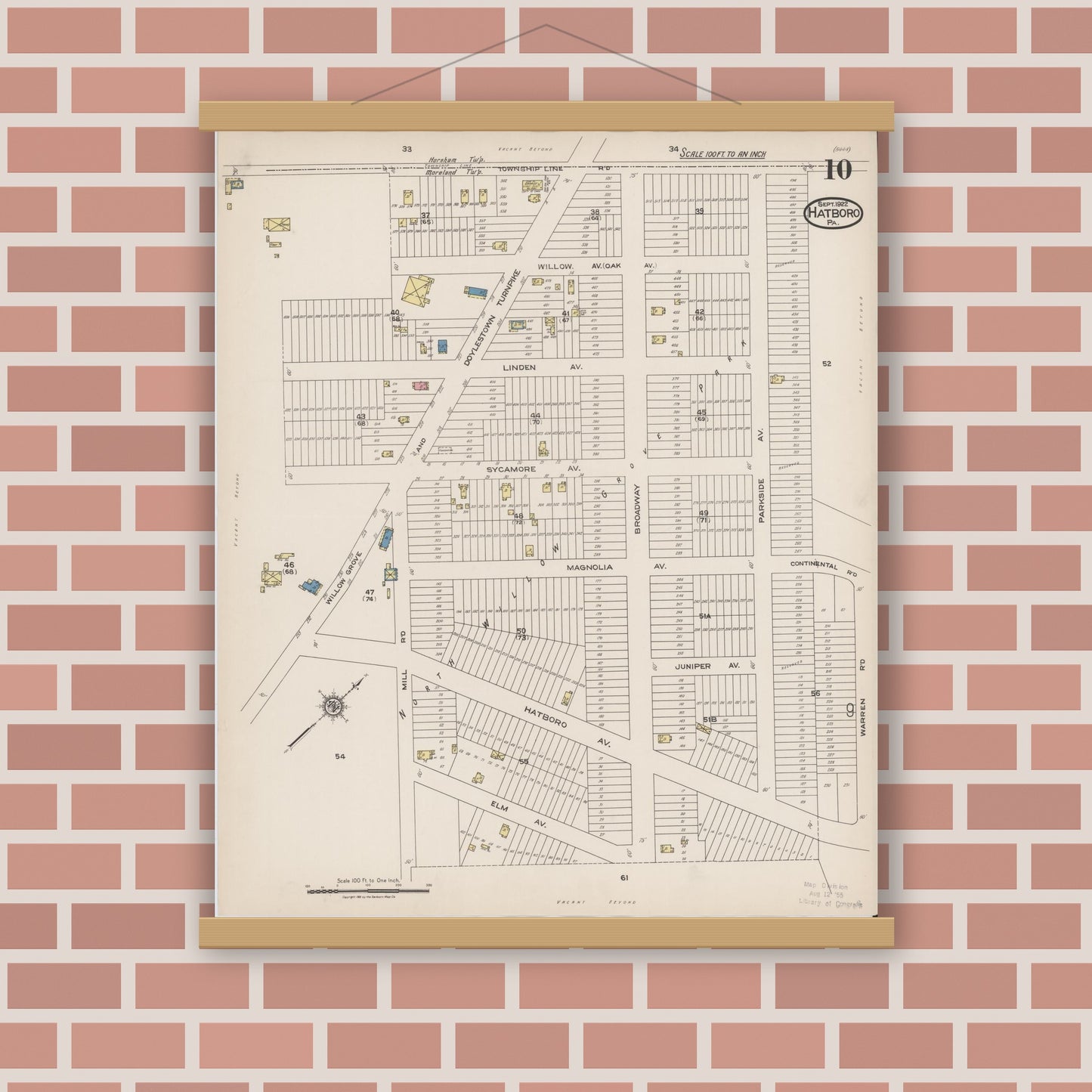 Old map wall art mockup — magnetic wood frame on brick wall — Sanborn Fire Insurance Map from Hatboro, Montgomery County, Pennsylvania (1922), Sheet #0010