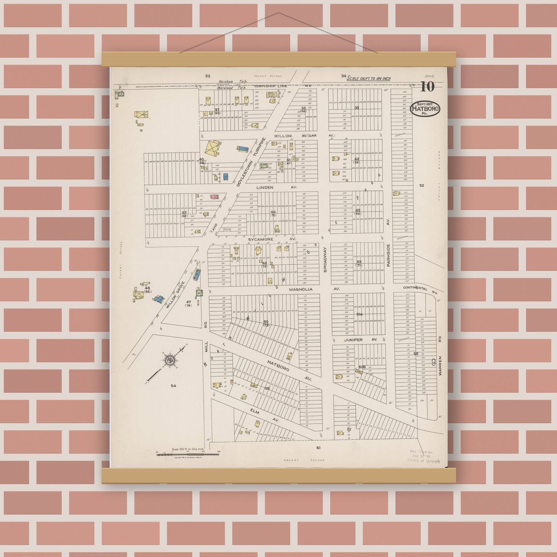 Old map wall art mockup — magnetic wood frame on brick wall — Sanborn Fire Insurance Map from Hatboro, Montgomery County, Pennsylvania (1922), Sheet #0010