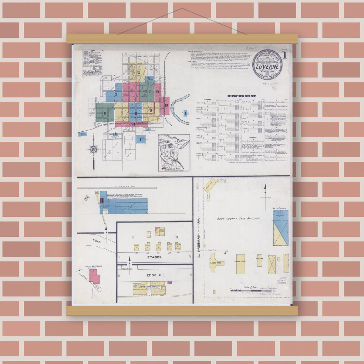 Old map wall art mockup — magnetic wood frame on brick wall — Sanborn Fire Insurance Map from Luverne, Rock County, Minnesota (1921) - Complete Map Set