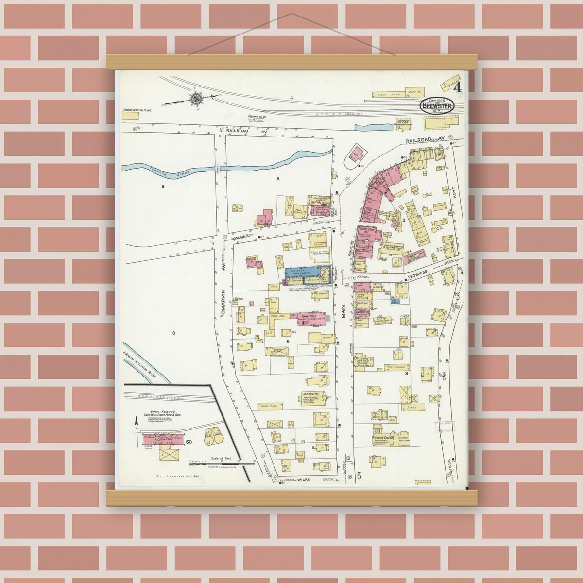Old map wall art mockup — magnetic wood frame on brick wall — Sanborn Fire Insurance Map from Brewster, Putnam County, New York (1920), Sheet #0004