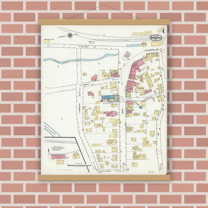 Old map wall art mockup — magnetic wood frame on brick wall — Sanborn Fire Insurance Map from Brewster, Putnam County, New York (1920), Sheet #0004