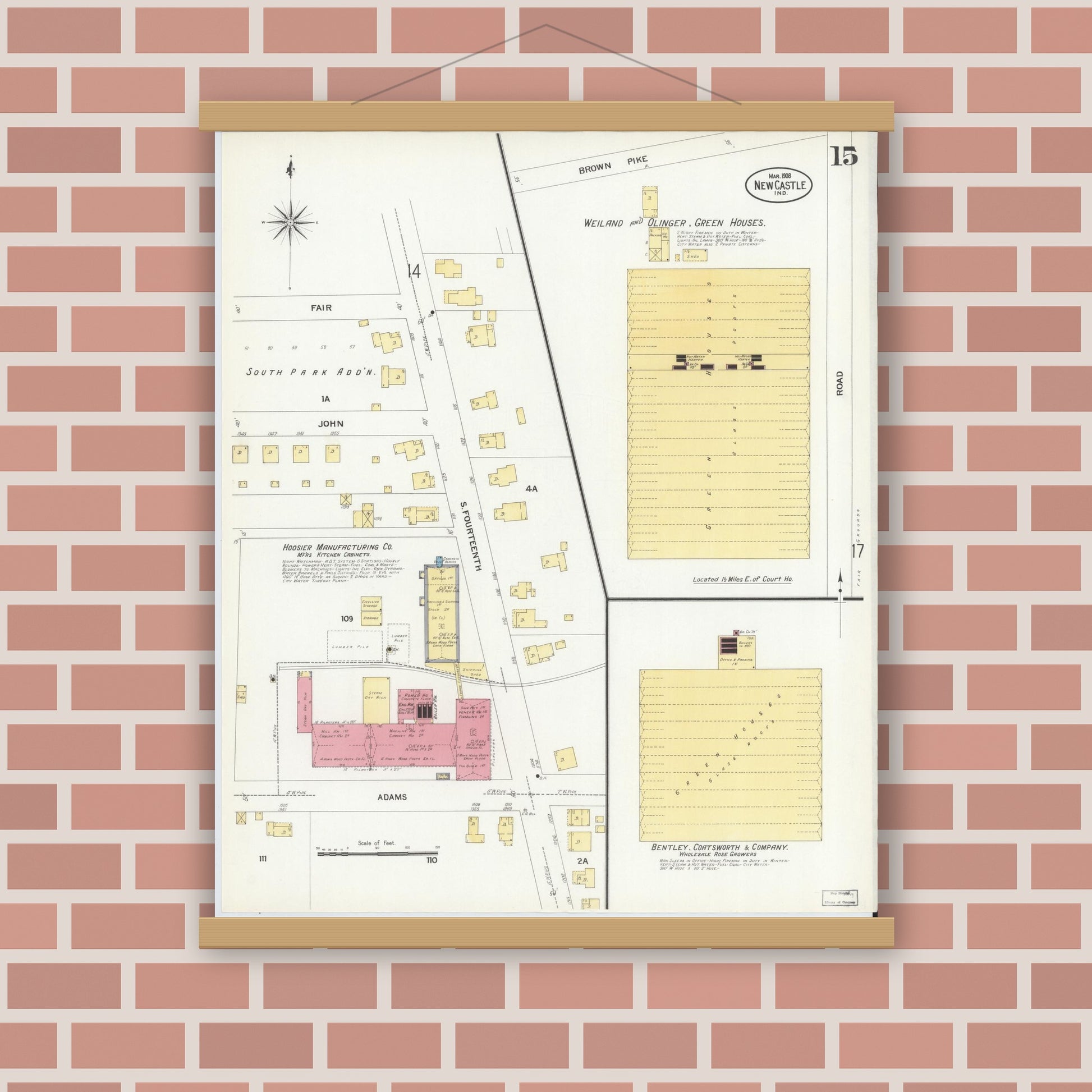 Old map wall art mockup — magnetic wood frame on brick wall — Sanborn Fire Insurance Map from New Castle, Henry County, Indiana (1908), Sheet #0015
