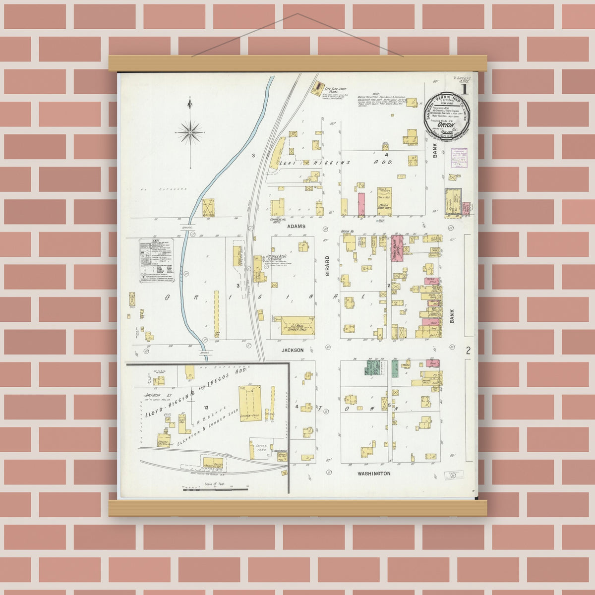 Old map wall art mockup — magnetic wood frame on brick wall — Sanborn Fire Insurance Map from Orion, Henry County, Illinois (1901) - Complete Map Set