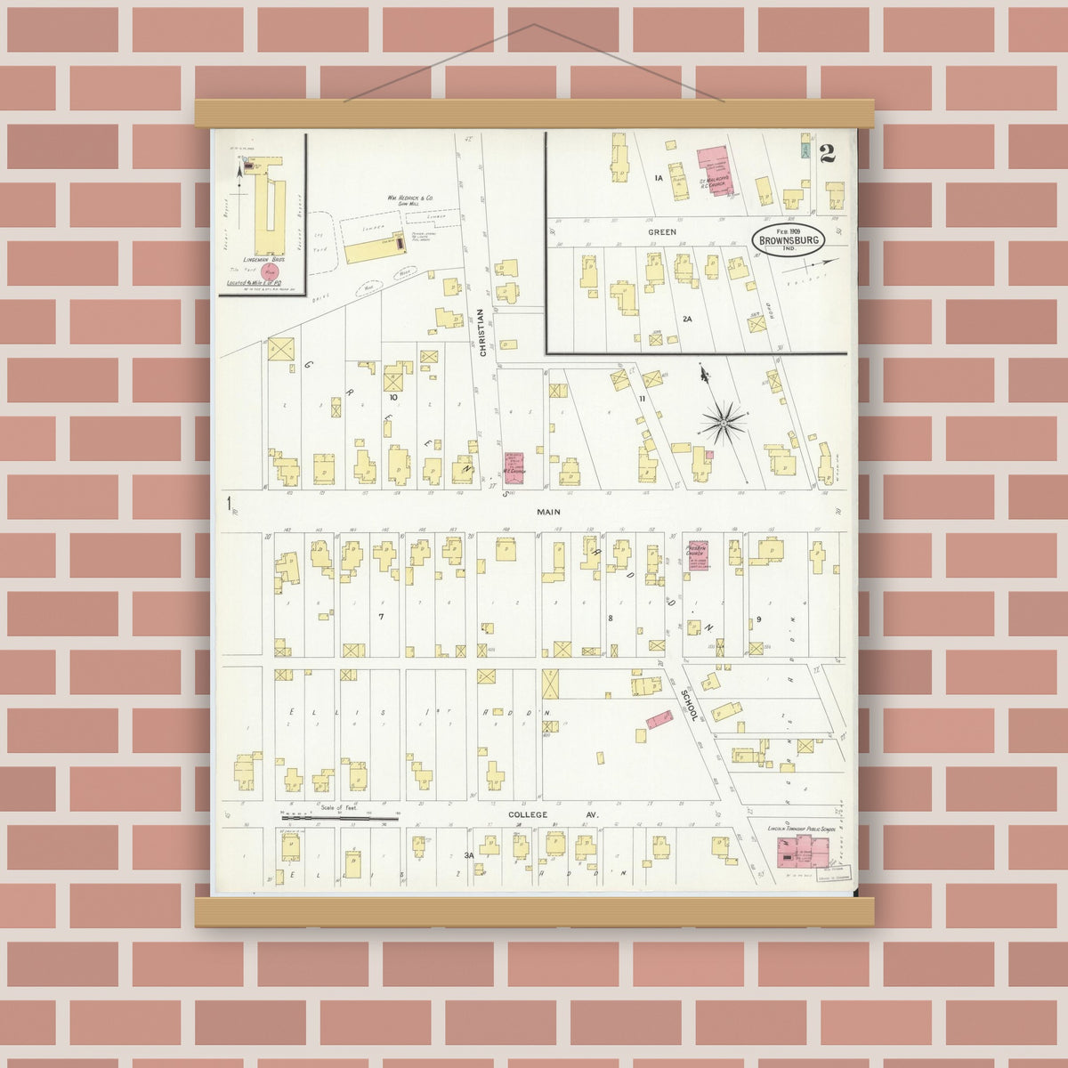 Old map wall art mockup — magnetic wood frame on brick wall — Sanborn Fire Insurance Map from Brownsburg, Hendricks County, Indiana (1909), Sheet #0002
