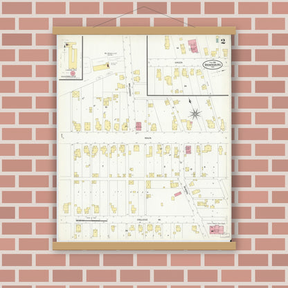 Old map wall art mockup — magnetic wood frame on brick wall — Sanborn Fire Insurance Map from Brownsburg, Hendricks County, Indiana (1909), Sheet #0002