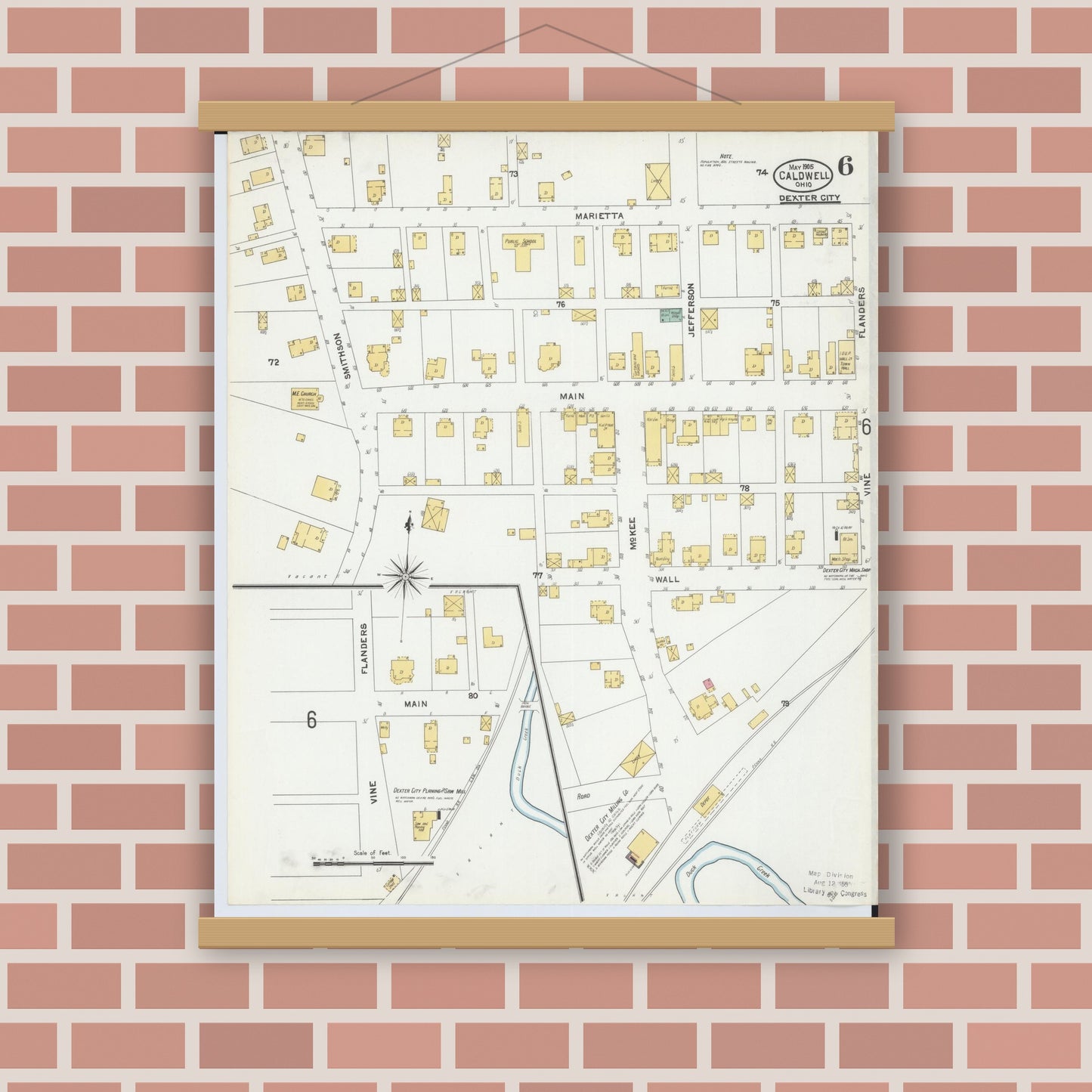 Old map wall art mockup — magnetic wood frame on brick wall — Sanborn Fire Insurance Map from Caldwell, Noble County, Ohio (1905), Sheet #0006