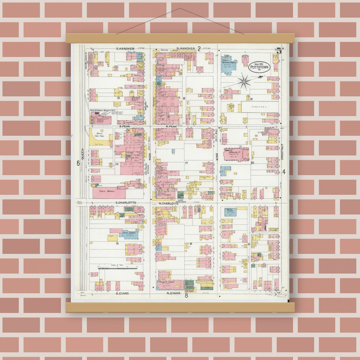 Old map wall art mockup — magnetic wood frame on brick wall — Sanborn Fire Insurance Map from Pottstown, Montgomery County, Pennsylvania (1902), Sheet #0005