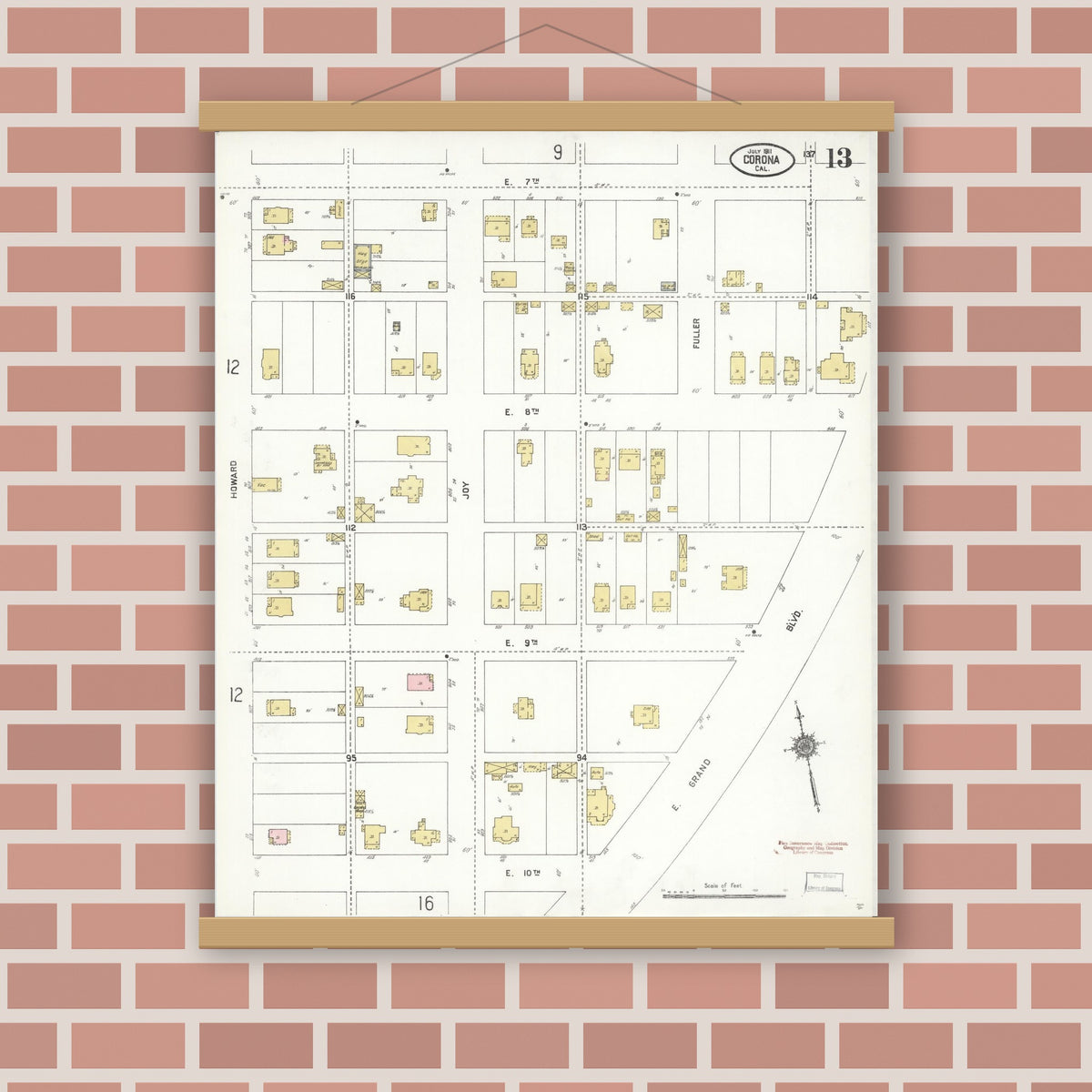 Old map wall art mockup — magnetic wood frame on brick wall — Sanborn Fire Insurance Map from Corona, Riverside County, California (1911), Sheet #0013
