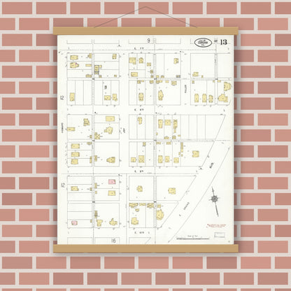 Old map wall art mockup — magnetic wood frame on brick wall — Sanborn Fire Insurance Map from Corona, Riverside County, California (1911), Sheet #0013