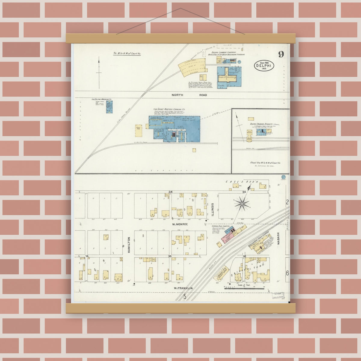 Old map wall art mockup — magnetic wood frame on brick wall — Sanborn Fire Insurance Map from Delphi, Carroll County, Indiana (1906), Sheet #0009