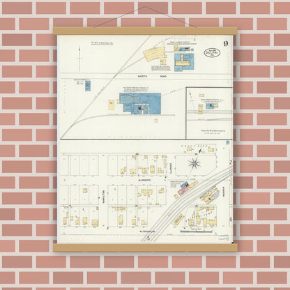 Old map wall art mockup — magnetic wood frame on brick wall — Sanborn Fire Insurance Map from Delphi, Carroll County, Indiana (1906), Sheet #0009