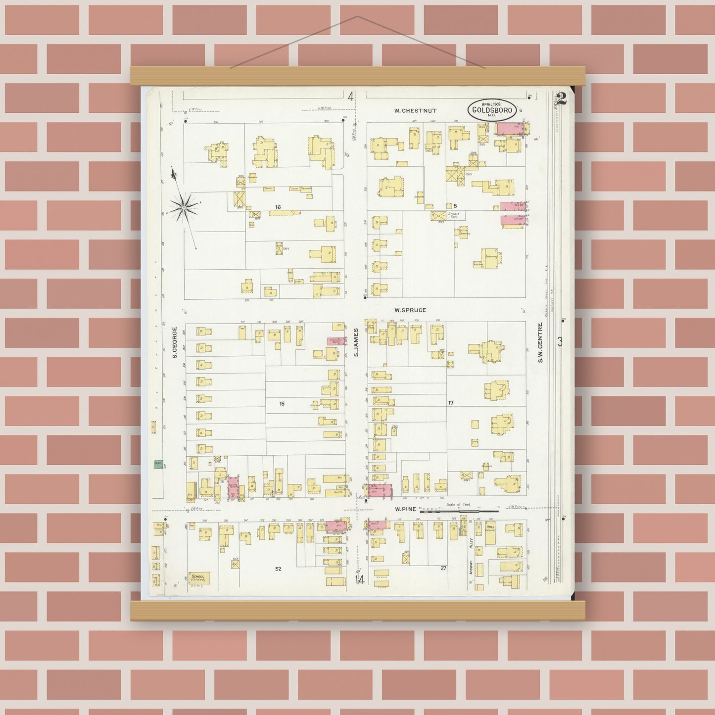 Old map wall art mockup — magnetic wood frame on brick wall — Sanborn Fire Insurance Map from Goldsboro, Wayne County, North Carolina (1908), Sheet #0002