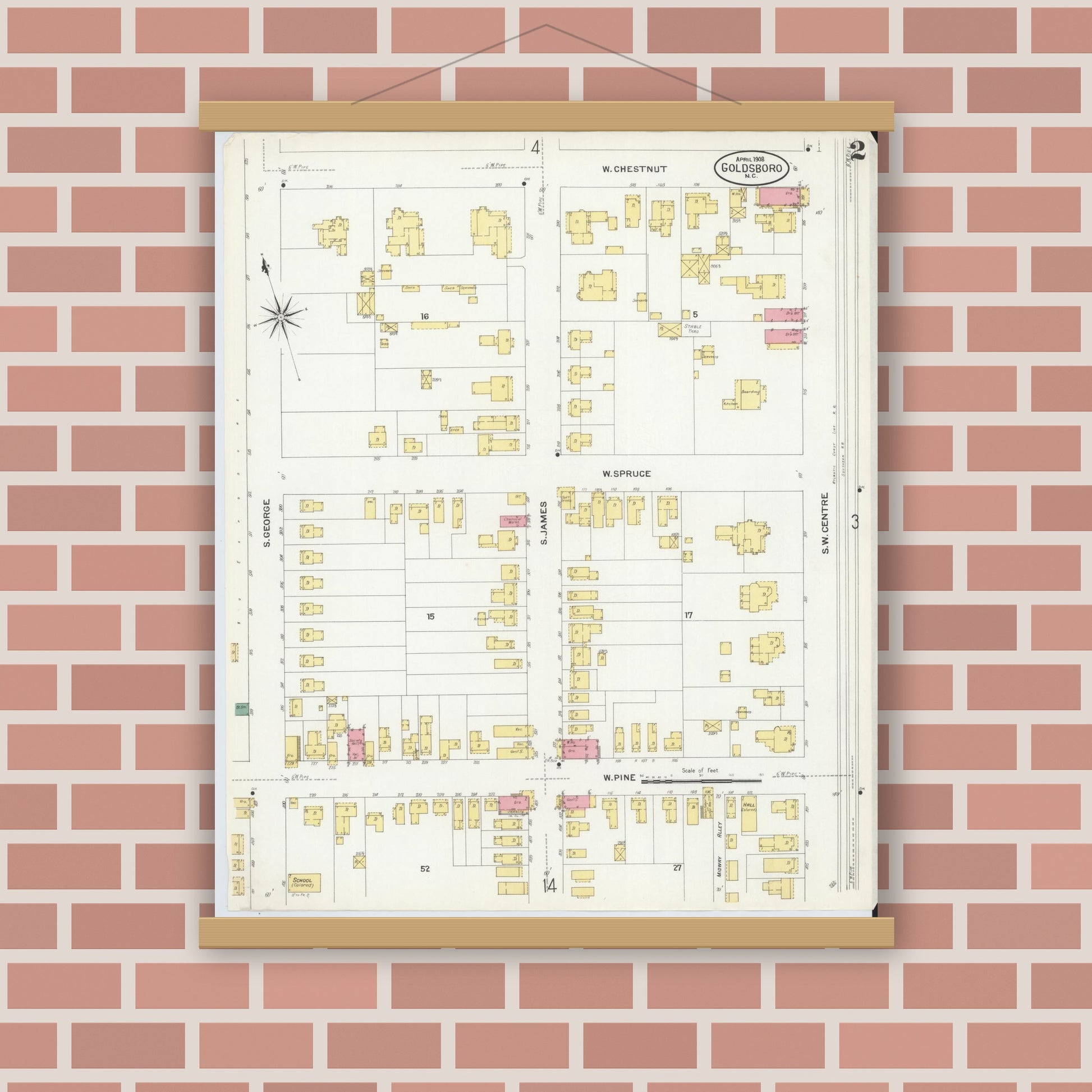 Old map wall art mockup — magnetic wood frame on brick wall — Sanborn Fire Insurance Map from Goldsboro, Wayne County, North Carolina (1908), Sheet #0002