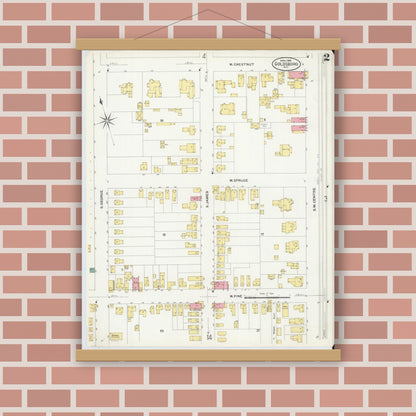 Old map wall art mockup — magnetic wood frame on brick wall — Sanborn Fire Insurance Map from Goldsboro, Wayne County, North Carolina (1908), Sheet #0002