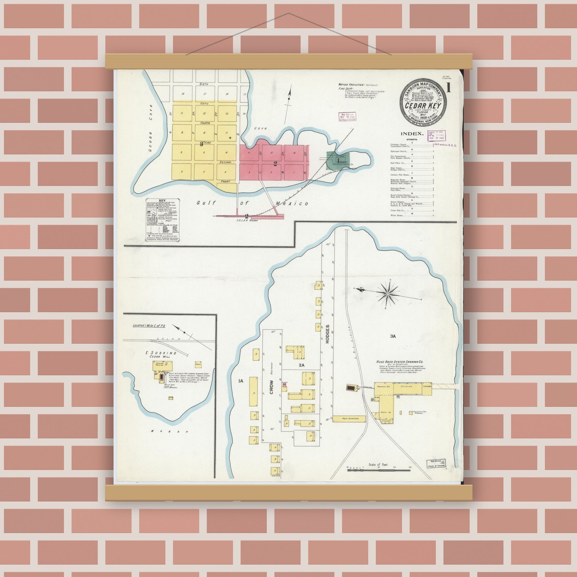 Old map wall art mockup — magnetic wood frame on brick wall — Sanborn Fire Insurance Map from Cedar Key, Levy County, Florida (1909) - Complete Map Set