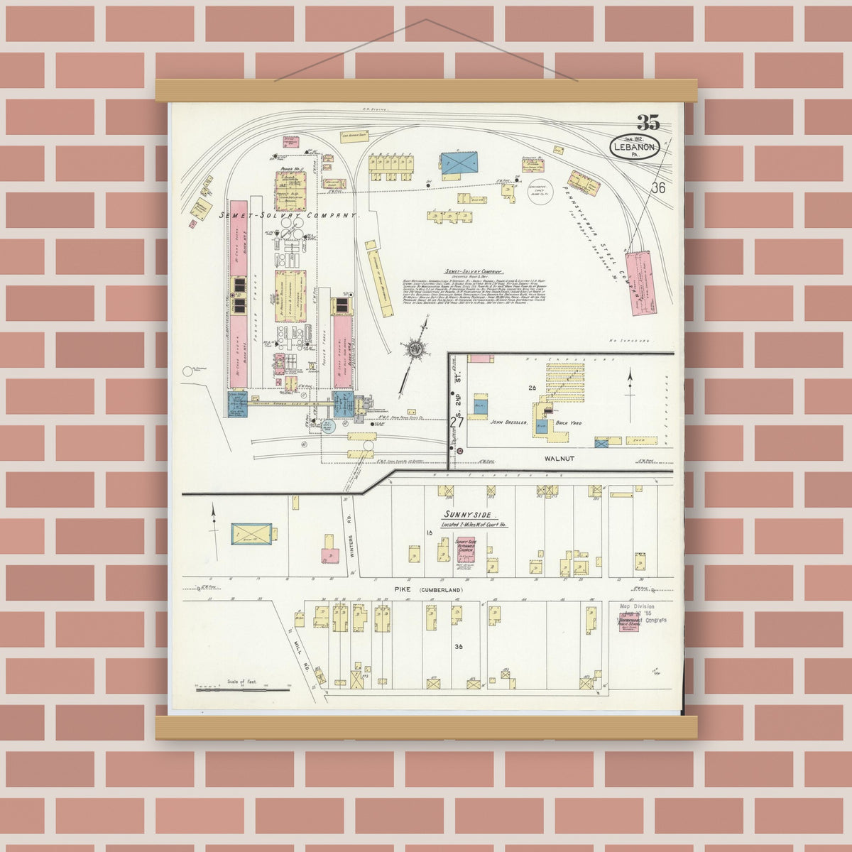 Old map wall art mockup — magnetic wood frame on brick wall — Sanborn Fire Insurance Map from Lebanon, Lebanon County, Pennsylvania (1912), Sheet #0035