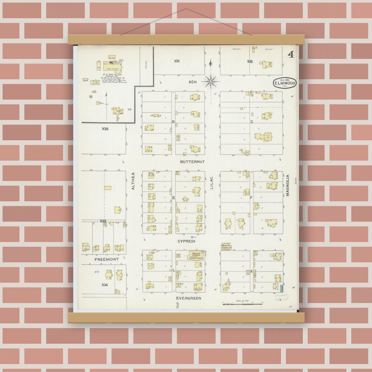 Old map wall art mockup — magnetic wood frame on brick wall — Sanborn Fire Insurance Map from Elmwood, Peoria County, Illinois (1893), Sheet #0004