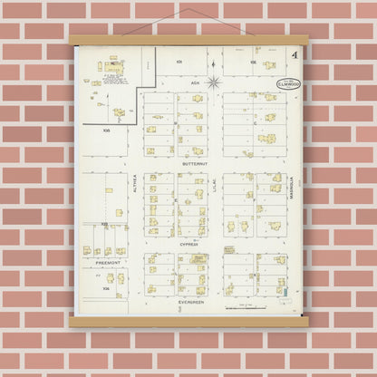 Old map wall art mockup — magnetic wood frame on brick wall — Sanborn Fire Insurance Map from Elmwood, Peoria County, Illinois (1893), Sheet #0004