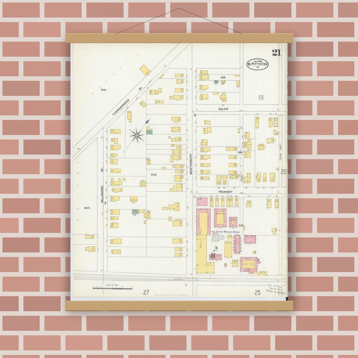 Old map wall art mockup — magnetic wood frame on brick wall — Sanborn Fire Insurance Map from Pittston, Luzerne County, Pennsylvania (1903), Sheet #0021