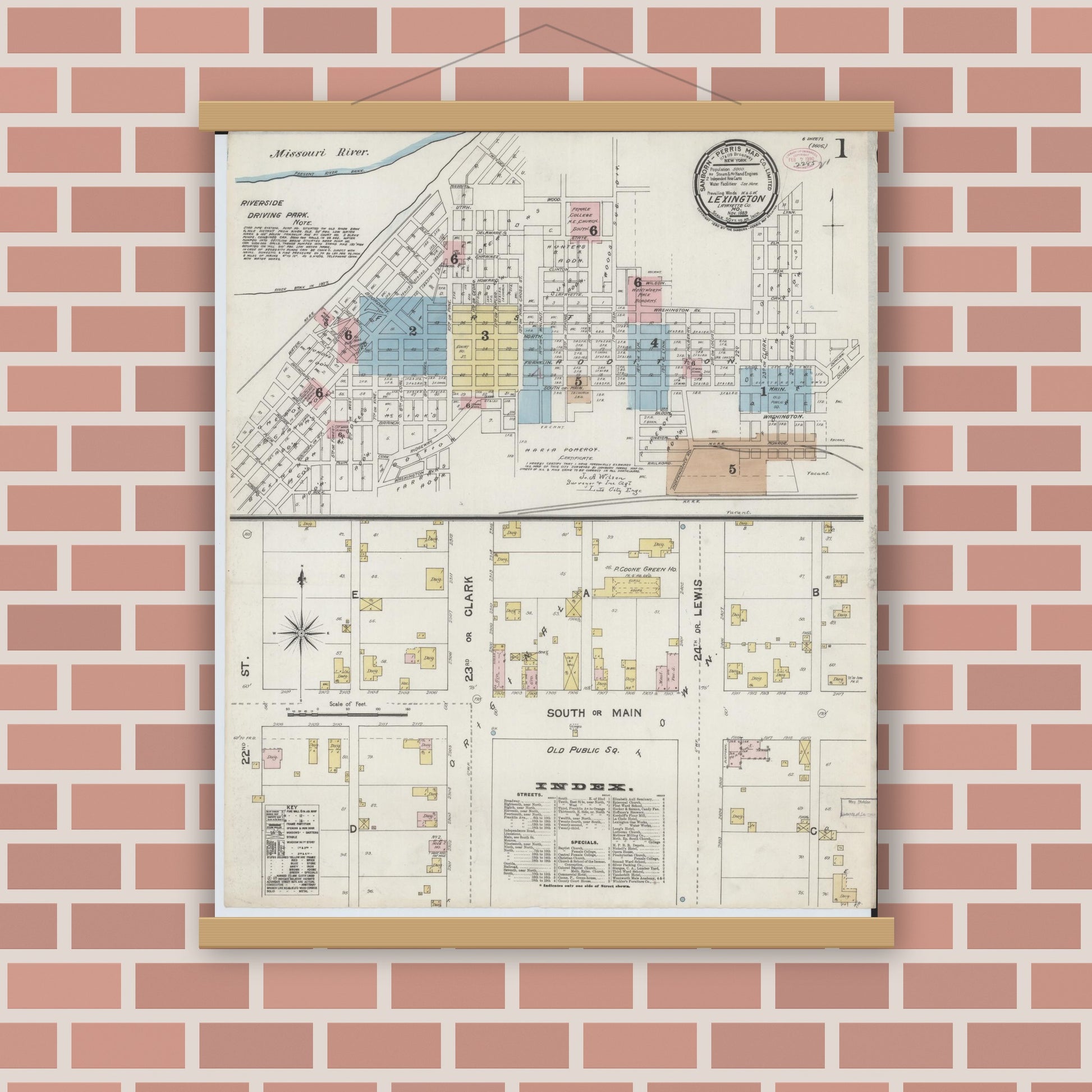 Old map wall art mockup — magnetic wood frame on brick wall — Sanborn Fire Insurance Map from Lexington, Lafayette County, Missouri (1889) - Complete Map Set