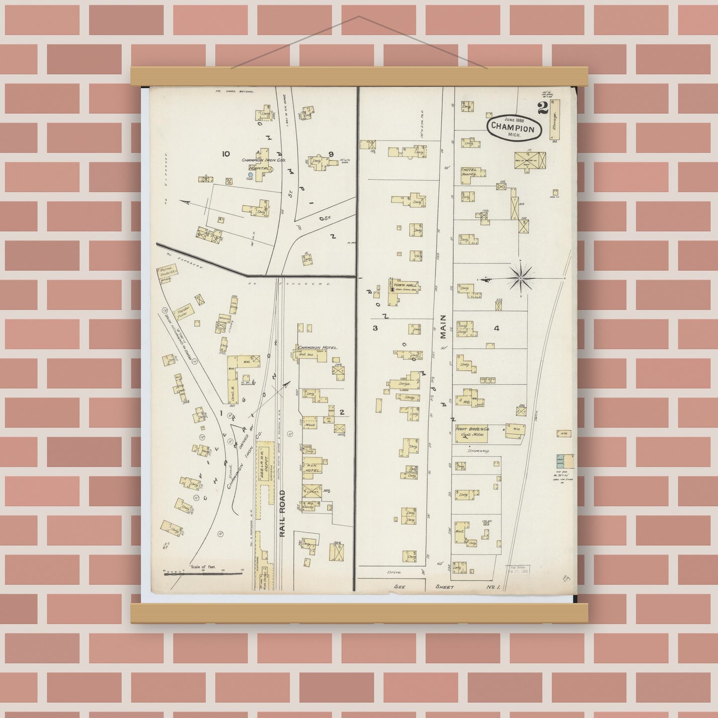 Old map wall art mockup — magnetic wood frame on brick wall — Sanborn Fire Insurance Map from Champion, Marquette County, Michigan (1888), Sheet #0002