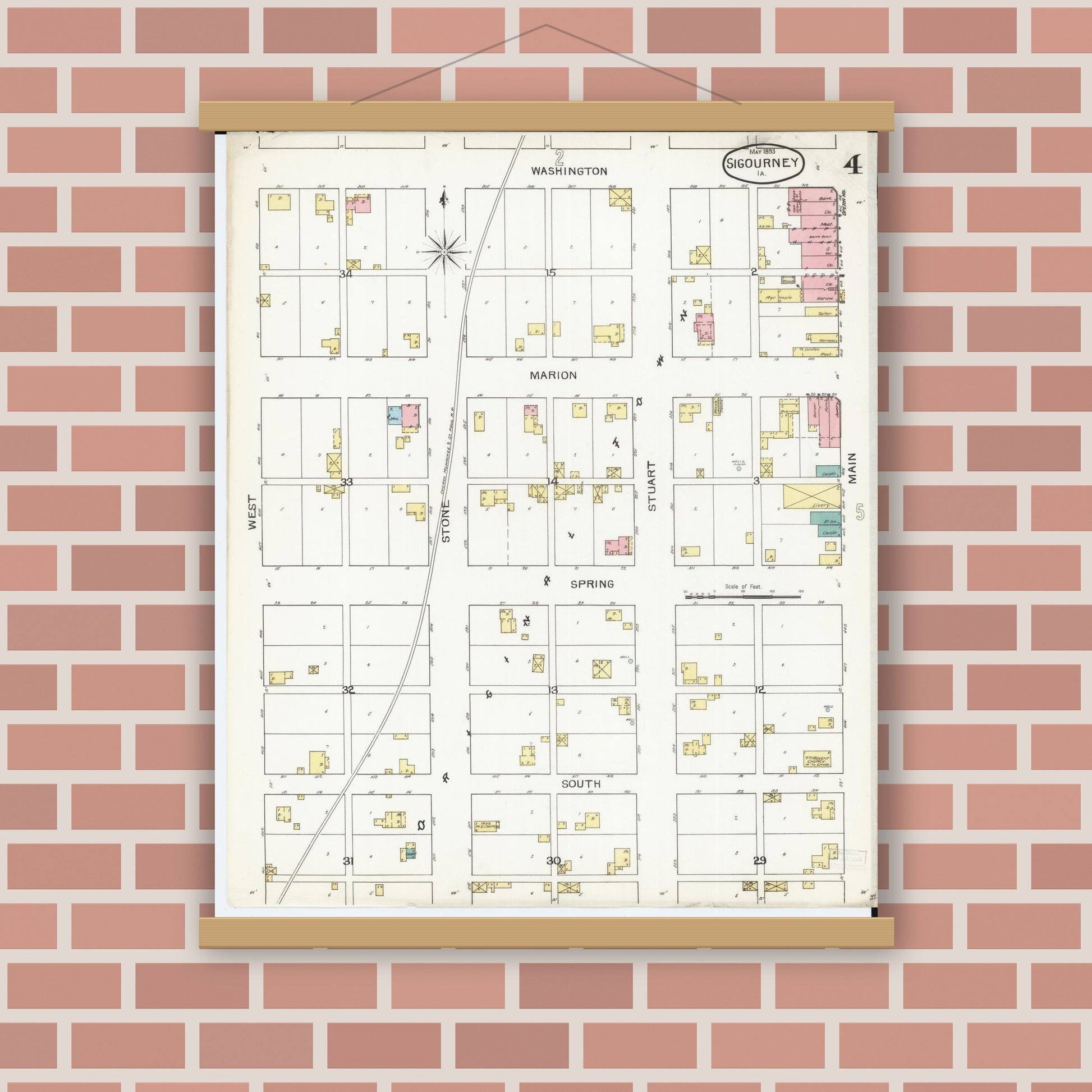 Old map wall art mockup — magnetic wood frame on brick wall — Sanborn Fire Insurance Map from Sigourney, Kiokuk County, Iowa (1893), Sheet #0004