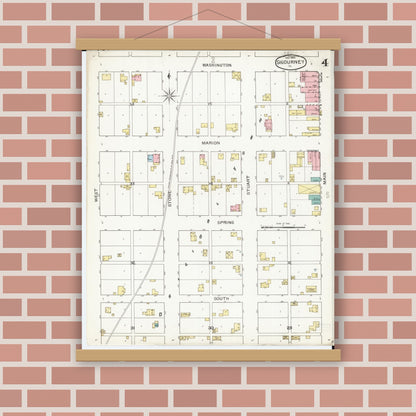 Old map wall art mockup — magnetic wood frame on brick wall — Sanborn Fire Insurance Map from Sigourney, Kiokuk County, Iowa (1893), Sheet #0004