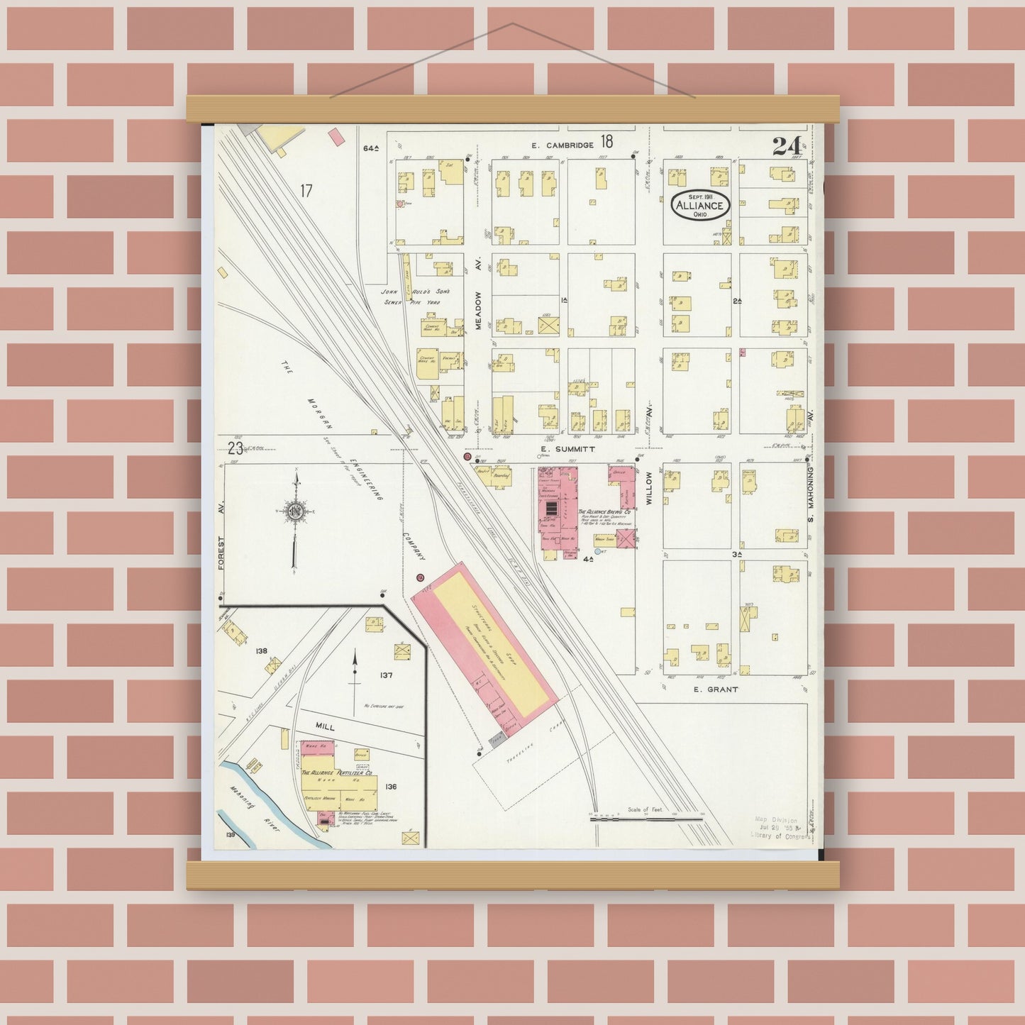 Old map wall art mockup — magnetic wood frame on brick wall — Sanborn Fire Insurance Map from Alliance, Stark County, Ohio (1911), Sheet #0024