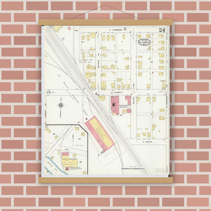 Old map wall art mockup — magnetic wood frame on brick wall — Sanborn Fire Insurance Map from Alliance, Stark County, Ohio (1911), Sheet #0024