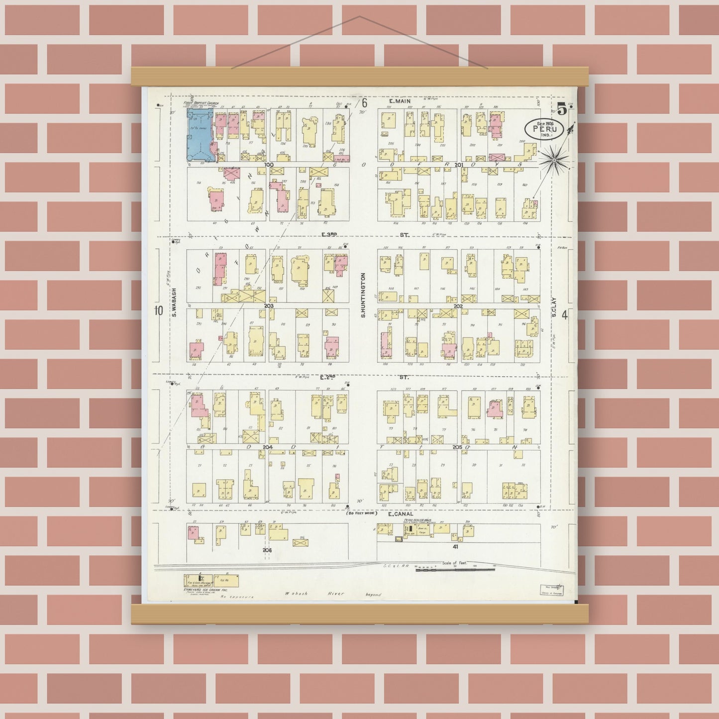 Old map wall art mockup — magnetic wood frame on brick wall — Sanborn Fire Insurance Map from Peru, Miami County, Indiana (1906), Sheet #0005