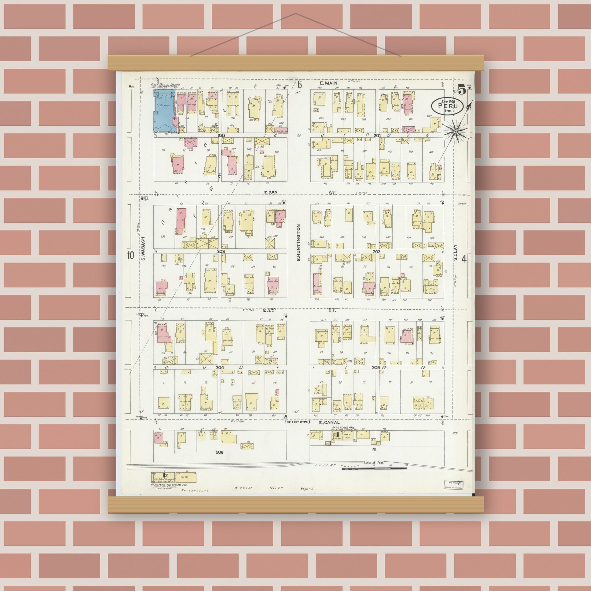 Old map wall art mockup — magnetic wood frame on brick wall — Sanborn Fire Insurance Map from Peru, Miami County, Indiana (1906), Sheet #0005