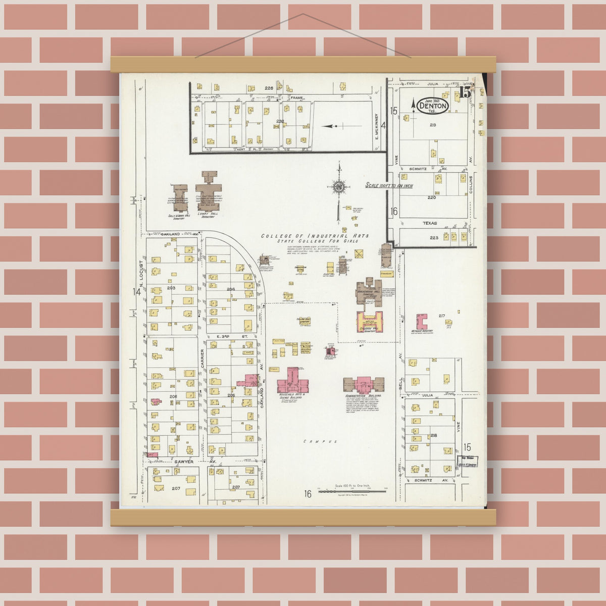 Old map wall art mockup — magnetic wood frame on brick wall — Sanborn Fire Insurance Map from Denton, Denton County, Texas (1921), Sheet #0015