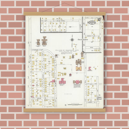 Old map wall art mockup — magnetic wood frame on brick wall — Sanborn Fire Insurance Map from Denton, Denton County, Texas (1921), Sheet #0015
