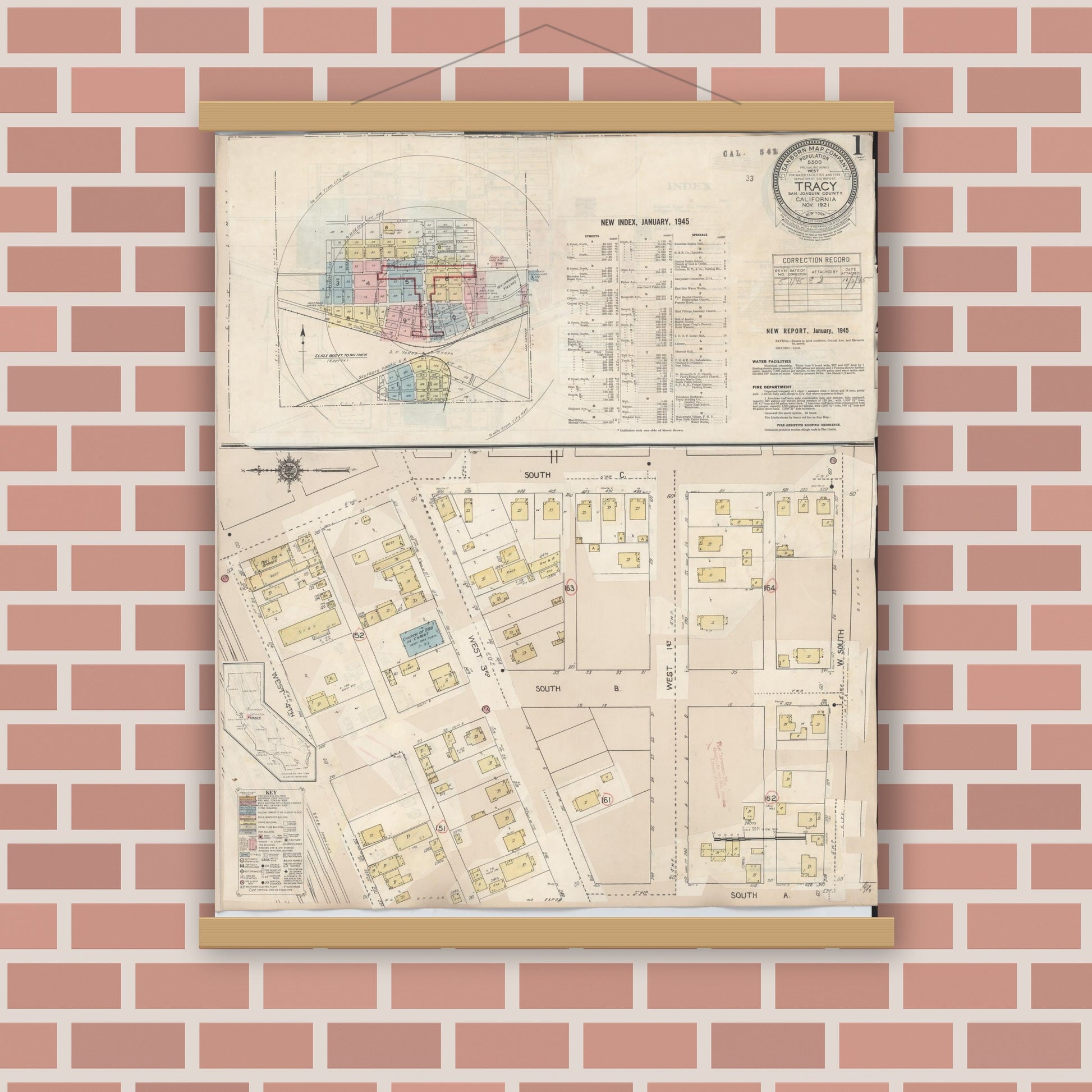 Old map wall art mockup — magnetic wood frame on brick wall — Sanborn Fire Insurance Map from Tracy, San Joaquin County, California (1945) - Complete Map Set