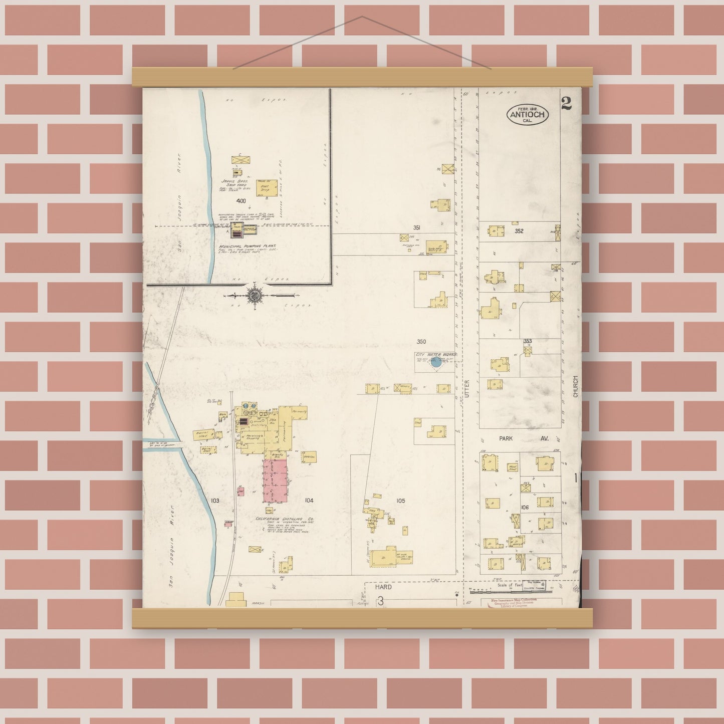 Old map wall art mockup — magnetic wood frame on brick wall — Sanborn Fire Insurance Map from Antioch, Contra Costa County, California (1912), Sheet #0002