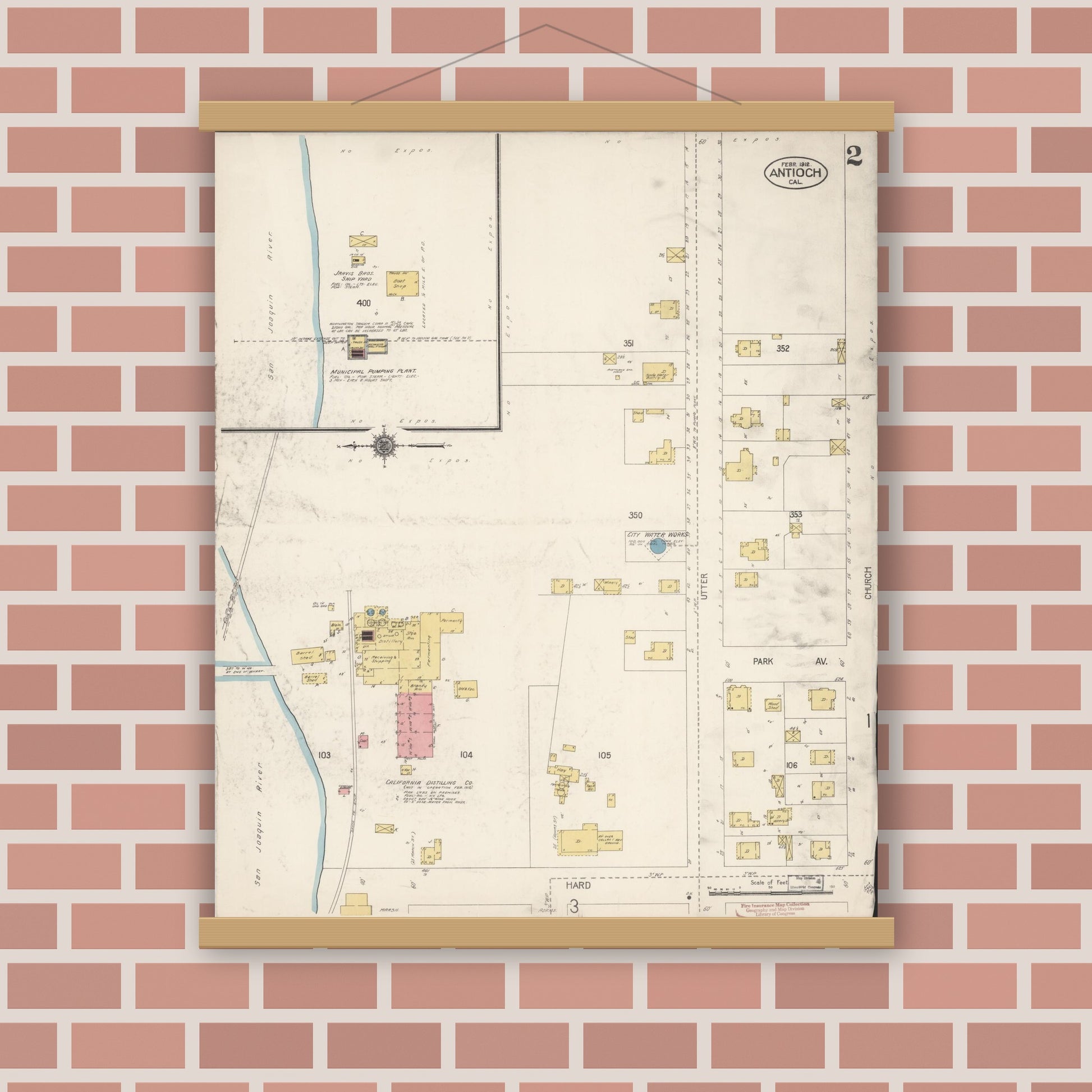 Old map wall art mockup — magnetic wood frame on brick wall — Sanborn Fire Insurance Map from Antioch, Contra Costa County, California (1912), Sheet #0002