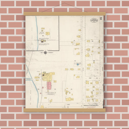Old map wall art mockup — magnetic wood frame on brick wall — Sanborn Fire Insurance Map from Antioch, Contra Costa County, California (1912), Sheet #0002