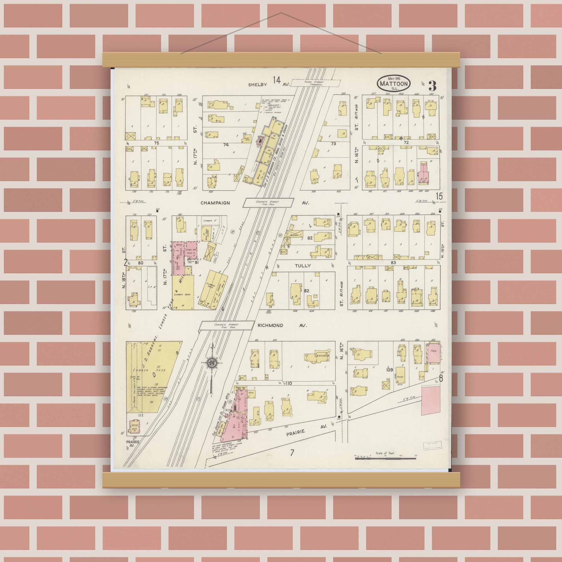 Old map wall art mockup — magnetic wood frame on brick wall — Sanborn Fire Insurance Map from Mattoon, Coles County, Illinois (1915), Sheet #0003