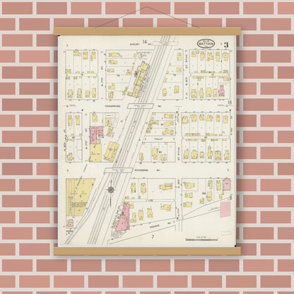 Old map wall art mockup — magnetic wood frame on brick wall — Sanborn Fire Insurance Map from Mattoon, Coles County, Illinois (1915), Sheet #0003