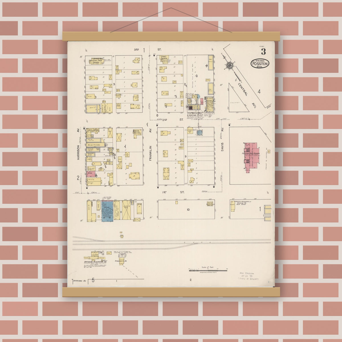 Old map wall art mockup — magnetic wood frame on brick wall — Sanborn Fire Insurance Map from Fosston, Polk County, Minnesota (1922), Sheet #0003