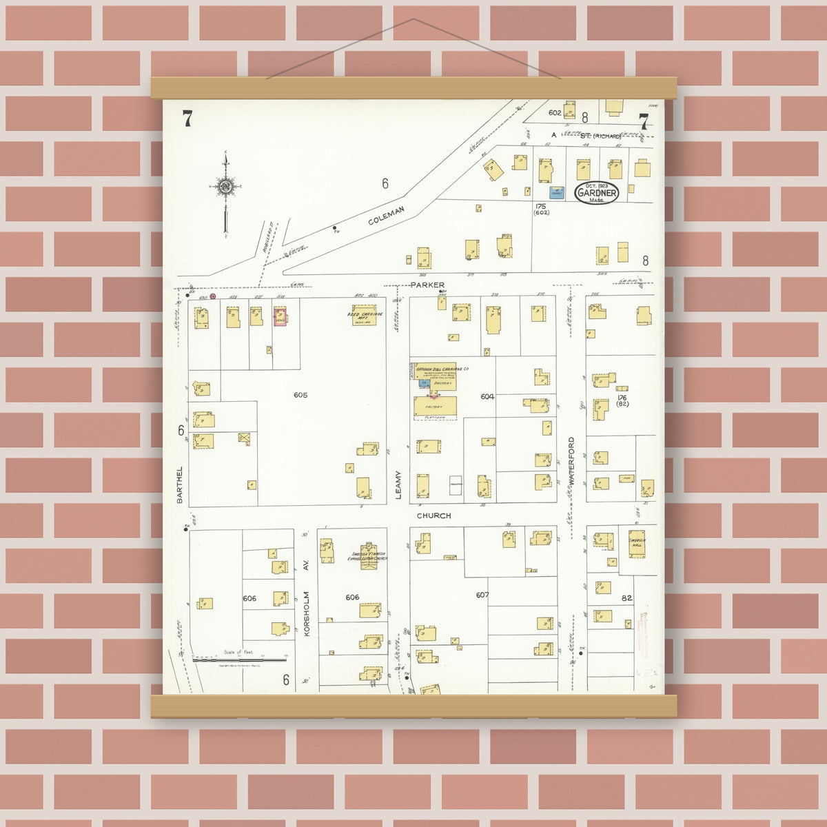 Old map wall art mockup — magnetic wood frame on brick wall — Sanborn Fire Insurance Map from Gardner, Worcester County, Massachusetts (1923), Sheet #0007