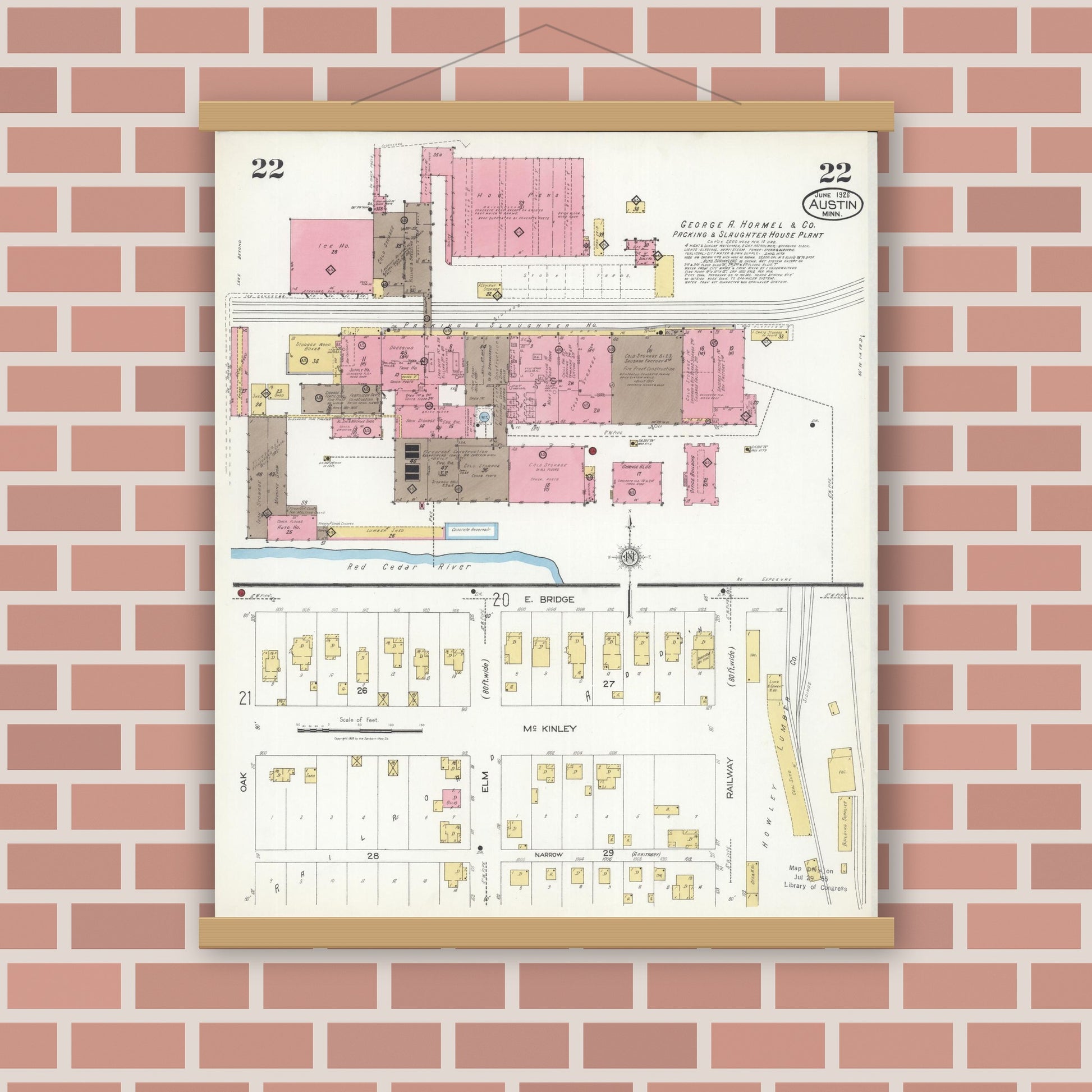 Old map wall art mockup — magnetic wood frame on brick wall — Sanborn Fire Insurance Map from Austin, Mower County, Minnesota (1926), Sheet #0022