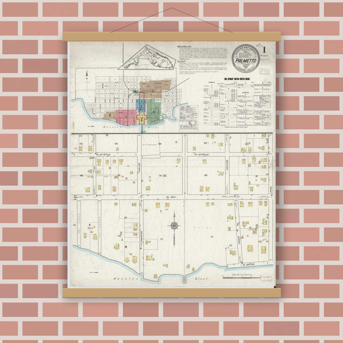 Old map wall art mockup — magnetic wood frame on brick wall — Sanborn Fire Insurance Map from Palmetto, Manatee County, Florida (1917) - Complete Map Set