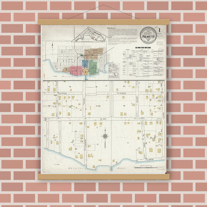 Old map wall art mockup — magnetic wood frame on brick wall — Sanborn Fire Insurance Map from Palmetto, Manatee County, Florida (1917) - Complete Map Set