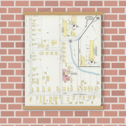 Old map wall art mockup — magnetic wood frame on brick wall — Sanborn Fire Insurance Map from Pittsfield, Berkshire County, Massachusetts (1895), Sheet #0018