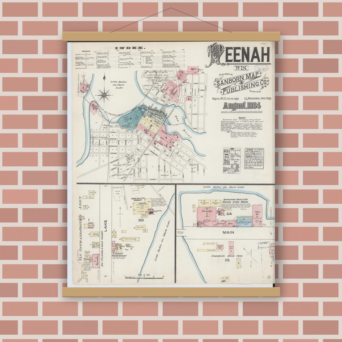 Old map wall art mockup — magnetic wood frame on brick wall — Sanborn Fire Insurance Map from Neenah, Winnebago County, Wisconsin (1884) - Complete Map Set