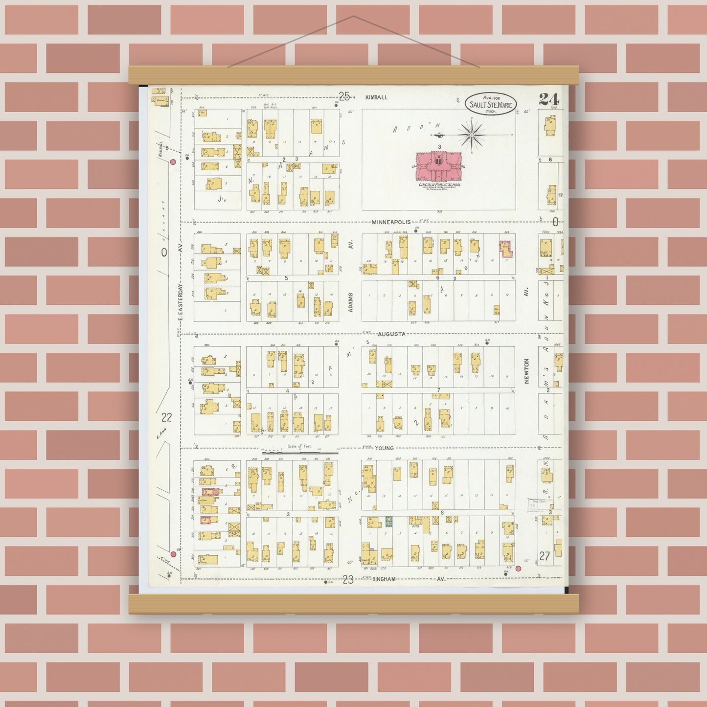 Old map wall art mockup — magnetic wood frame on brick wall — Sanborn Fire Insurance Map from Sault Sainte Marie, Chippewa County, Michigan (1906), Sheet #0024