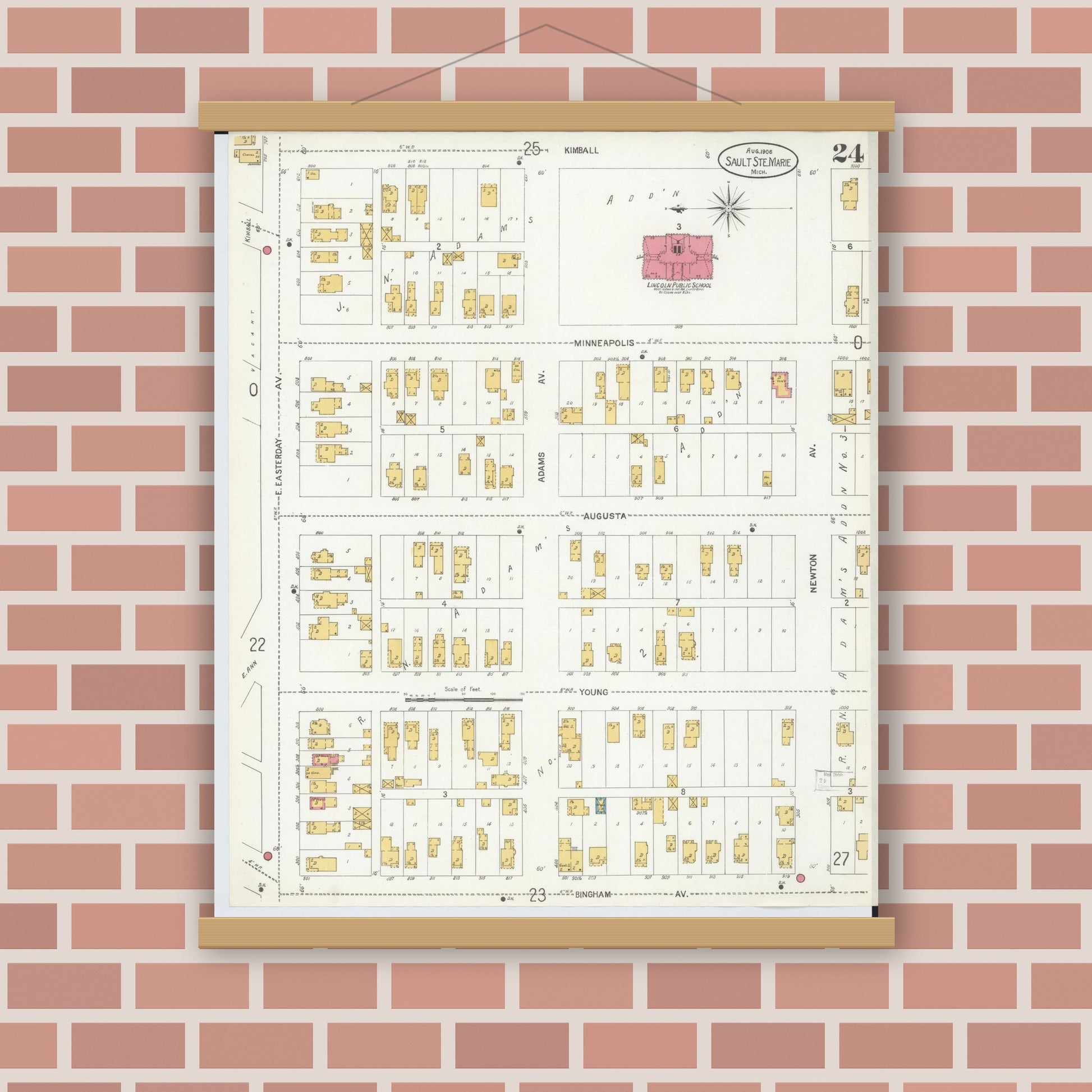 Old map wall art mockup — magnetic wood frame on brick wall — Sanborn Fire Insurance Map from Sault Sainte Marie, Chippewa County, Michigan (1906), Sheet #0024