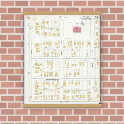Old map wall art mockup — magnetic wood frame on brick wall — Sanborn Fire Insurance Map from Sault Sainte Marie, Chippewa County, Michigan (1906), Sheet #0024