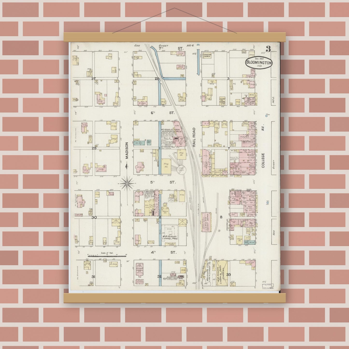 Old map wall art mockup — magnetic wood frame on brick wall — Sanborn Fire Insurance Map from Bloomington, Monroe County, Indiana (1887), Sheet #0003